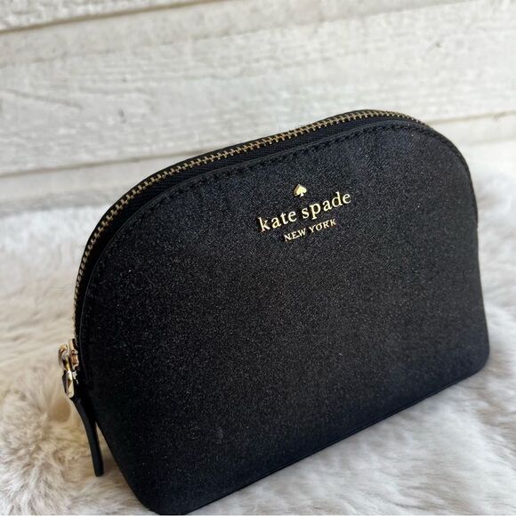 KATE SPADE Black Glitter Schuyler Small Dome Pouch Morgan Cosmetic Bag - Picture 2 of 8